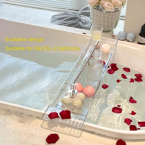 Bathtub Tray Table, Adjustable Bath Tray for Tub, Bath Accessories, Deluxe Bathroom SPA Bath Tray, Expandable Drain Bath Shelf Caddy Tray with Anti-Slip mat, Fits Most Tubs(Transparent) - color: Transparent