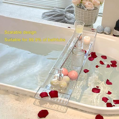 Bathtub Tray Table, Adjustable Bath Tray for Tub, Bath Accessories, Deluxe Bathroom SPA Bath Tray, Expandable Drain Bath Shelf Caddy Tray with Anti-Slip mat, Fits Most Tubs(Transparent) - color: Transparent