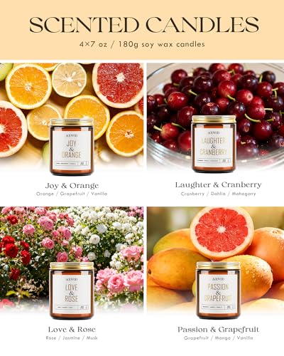AOOVOO Candle Set - 4PC Scented Candles, 28 oz Soy Candles, Soy Candle for Home Scented, Joy Orange/Laughter Cranberry/Love Rose/Passion Grapefruit - style: Orange/Cranberry/Rose/Grapefruit