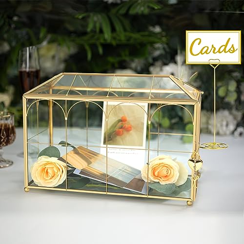 Glass Wedding Card Box with Lock, 12.6x5.9x9 inches Large Gold Card Boxes for Wedding Reception, Graduation, Keepsake Display, Party Centerpiece Gift Box - size: 12.6 x 5.9 x 9 Inches with Arch