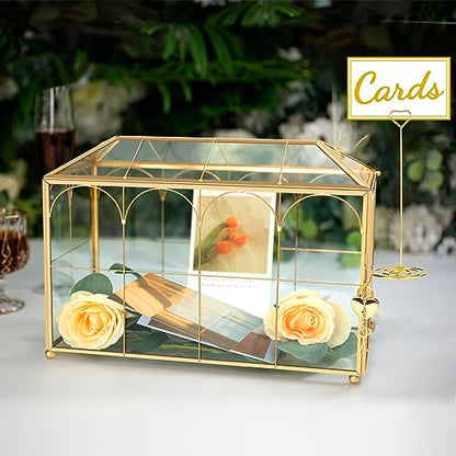 Glass Wedding Card Box with Lock, 12.6x5.9x9 inches Large Gold Card Boxes for Wedding Reception, Graduation, Keepsake Display, Party Centerpiece Gift Box - size: 12.6 x 5.9 x 9 Inches with Arch
