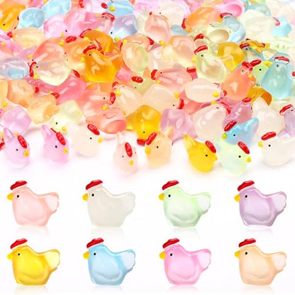 JUNEBRUSHS 50 Pcs Mini Chickens Tiny Resin Chicken Luminous Hen Figurines Glow in The Dark Chicken Ornament for Crafts Home Garden Table Decor - style: Chickens Style