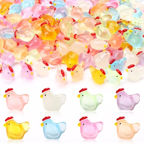 JUNEBRUSHS 50 Pcs Mini Chickens Tiny Resin Chicken Luminous Hen Figurines Glow in The Dark Chicken Ornament for Crafts Home Garden Table Decor - style: Chickens Style