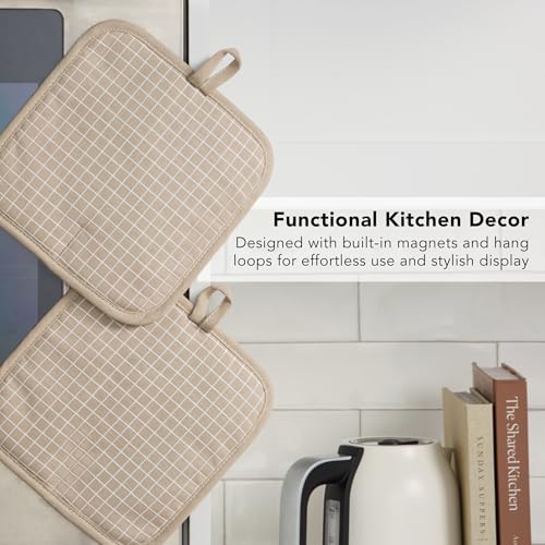 KITCHENAID Gourmet Series Gridlines Pot Holders 2-Pack Set, Heat Resistant up to 600°F, Soft Silicone Grip, Magnetic Cuff, Milkshake Tan, 8"x8" - color: Milkshake Tan