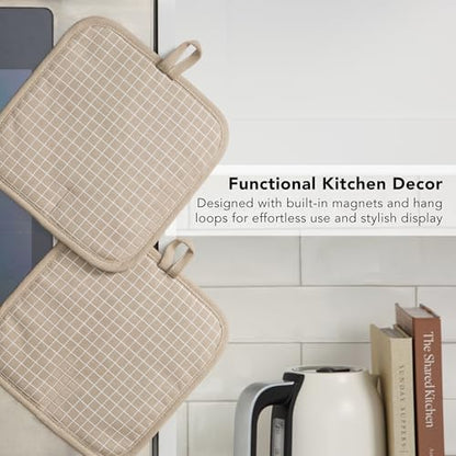 KITCHENAID Gourmet Series Gridlines Pot Holders 2-Pack Set, Heat Resistant up to 600°F, Soft Silicone Grip, Magnetic Cuff, Milkshake Tan, 8"x8" - color: Milkshake Tan
