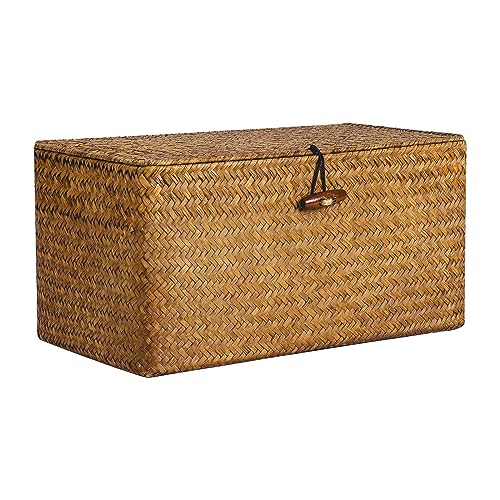 Natural Seagrass Storage Baskets with Lid,Multipurpose Home Organizer Bins Boxes for Shelf Organizer,Decorative Storage Bins- 12'' x 7'' x 6'' - color: Caramel, size: Standard-1 pc