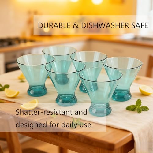 Set of 6 Plastic Stemless Martini Glasses 9 oz, Heavy Base Stable Cocktail/Drink/Juice/Red Wine Glasses, Fits Ice Cream/Milkshakes, Dishwasher Safe, Ideal for Home Party (Teal) - color: Teal