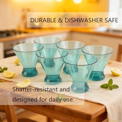 Set of 6 Plastic Stemless Martini Glasses 9 oz, Heavy Base Stable Cocktail/Drink/Juice/Red Wine Glasses, Fits Ice Cream/Milkshakes, Dishwasher Safe, Ideal for Home Party (Teal) - color: Teal