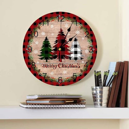 Christmas Silent PVC Wall Clock 10 Inch Red Black Buffalo Plaid Round Wall Clock Xmas Tree Snowflake Retro Wood Grain Hanging Clock for Kitchen Battery Operated Living Room Christmas Clock - color: Christmascbt5114, size: 10x10inch(25x25cm)