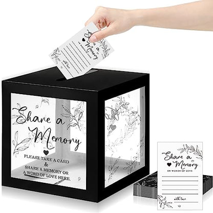 Pajean Funeral Memory Box with 50 Cards Clear Windows,Clear,Black | Keepsake Cards for Celebration Wedding Graduation, Greenery Design, Guest Book Alternative, Memory Collection Display - color: Black
