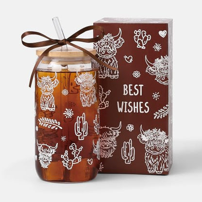 Highland Cow Gifts for Women, Glass Cups with Lid and Straw | Cute Cow Print Iced Coffee Tumbler for Cow Lovers Thanksgiving Christmas Birthday Mothers Day for Friend Teens Stuff 16oz - style: Highland Cow
