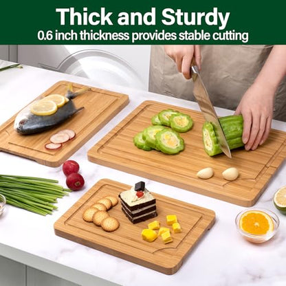 Bamboo Cutting Board Set of 3, Cutting Boards For Kitchen with Juice Groove, Bamboo Chopping Board Set, Serving Board Set for Meat, Fruit Vegetable and Cheese - color: Bamboo Set of 3