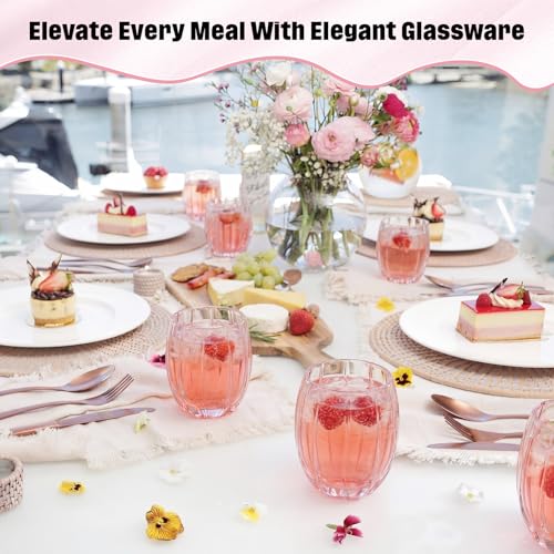 Remerry 6 Pack Pink Stemless Glasses Petal Glass 12oz (350ml) Wine Glass Cups Hand Blown Drinking Glasses for Cocktail, Juice & Various Mixed Drinks for Galentine Wedding Party Reception Grand Event - color: Pink