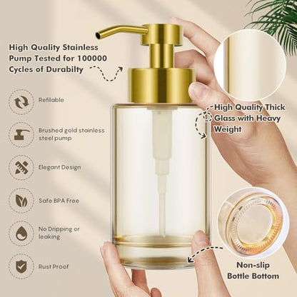 Foaming Hand Soap Dispenser,12oz Glass Foaming Soap Dispenser for Bathroom | Thick Glass Foam Soap Dispenser with Stainless Steel Foam Pump - color: Light Amber&foam Pump