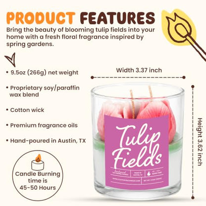 Tulip Fields Container Candle- Luxury Soy Wax Candle with 2 Cotton Wicks - 50 Hour Burn Time, Handmade in Austin Texas USA, Premium Fragrance Oil Candle for Home Decor & Gifts - 8 oz