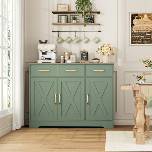 HOSTACK Kitchen Buffet Cabinet with Storage, Sideboard Coffee Bar, Green | Farmhouse Kitchen Storage Cabinet with 3 Drawers & Adjustable Shelf, 42.5"W Buffet Table for Dining Living Room - color: Green