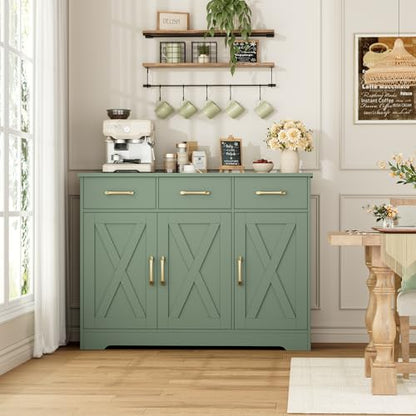 HOSTACK Kitchen Buffet Cabinet with Storage, Sideboard Coffee Bar, Green | Farmhouse Kitchen Storage Cabinet with 3 Drawers & Adjustable Shelf, 42.5"W Buffet Table for Dining Living Room - color: Green