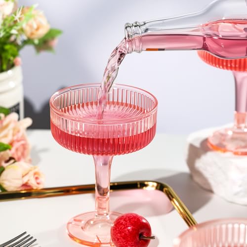 Goodluck 4-Tier Champagne Glasses - 20 PCS 7oz Pink Plastic Champagne Flute | Plastic Coupe Glasses with Vertical Stripes for Weddings, Celebrations, Parties & Birthdays - color: Pink