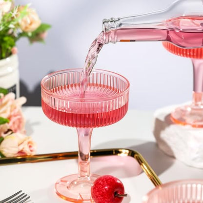 Goodluck 4-Tier Champagne Glasses - 20 PCS 7oz Pink Plastic Champagne Flute | Plastic Coupe Glasses with Vertical Stripes for Weddings, Celebrations, Parties & Birthdays - color: Pink