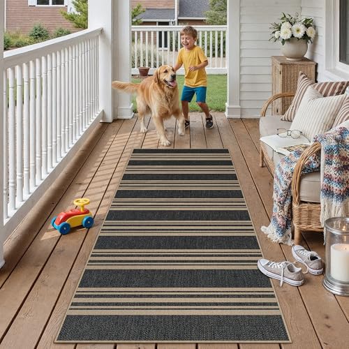 Washable Kitchen Runner Rug 2x6 Striped Jute Look Non Slip | Black Farmhouse Design, Indoor Outdoor Hallway Runner for Entryway, Laundry Room and Kitchen, Non Shedding, Easy Care - color: Black/Striped, size: 2' x 6' (Runner)