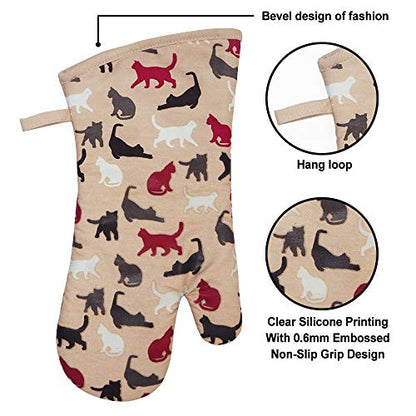 Oven Mitts 1 Pair, Non Slip Clear Silicone Printed Rooster Kitchen Gloves | Heat Resistant 480 ℉ Comfortable Cotton Lining Kitchen Men Cooking Barbecue Machine Washable (Cat, Khaki Mittens) - color: Cat, Khaki Mittens