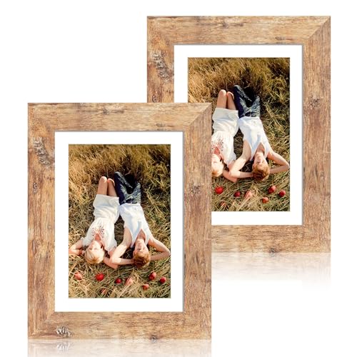 iRahmen 5x7 Picture Frame Set of 2, Rustic Brown Frame with High Definition Glass, Display Pictures 4x6 with Mat or 5 x 7 without Mat, Wood Photo Frame for Table top and Wall Mounting - color: Rustic Brown, size: 5X7