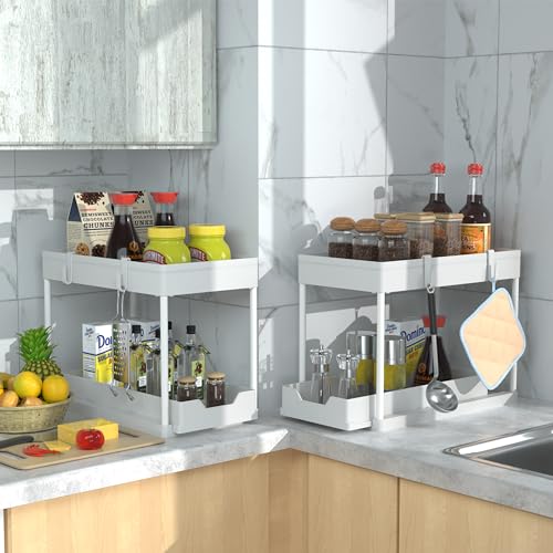 DEKAVA Cabinet, 2 Pack Under Sink Organizer, 2 Tier Sliding Bathroom Kitchen Organizer, Large White ABS Baskets, Easy Install & Clean - color: White