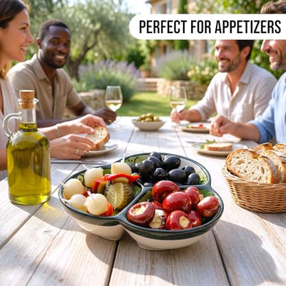 3-Compartment Ceramic Serving Dish, Handmade in Spain | 7.5” divided chip and dip bowl with lead-free glaze, microwave, oven and dishwasher safe, ideal for tapas, snacks and sauces - color: Onyx Green