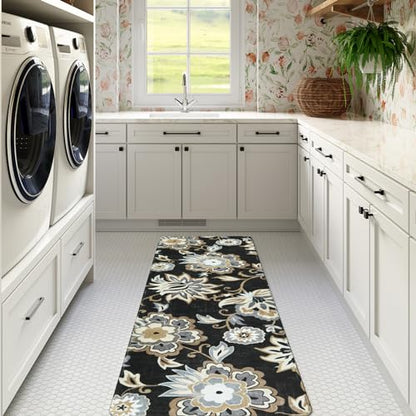 Lahome Floral 2x5 Washable Rug Runner - Black Entryway Kitchen Runner Rug Non-Slip Ultra-Thin Stain Resistant, Paisley Print Accent Carpet for Hallway Bedroom Laundry Living Room | Non-Slip Ultra-Thin Stain Resistant Paisley Print Accent Carpet for Hallwa