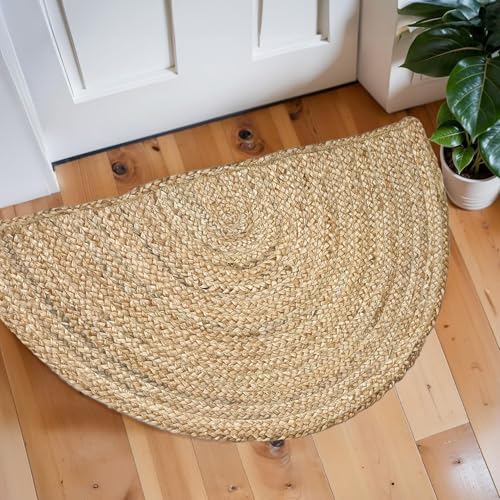 Hand Woven Natural Jute Braided Rug -24x36 Inch Half Round | Vintage Boho Reversible Doormat for Entryway, Front Door | Farmhouse Natural Fiber Rugs for Bedroom, Kitchen, Living Room - size: 2' x 3' (Semicircular)