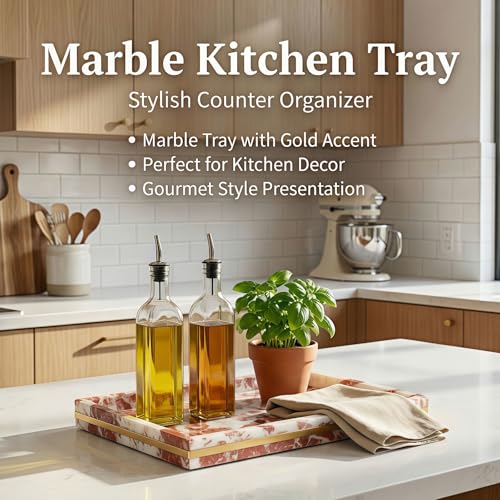 Red Marble Tray 12" x 8", Gold Edge Stone Vanity Organizer | Genuine Red Marble, Gold-Toned Edge, 12 x 8 Inch, for Perfume and Jewelry, on Bathroom Vanity and Dresser - color: Red