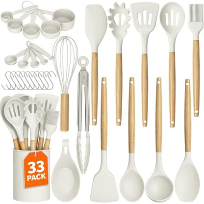 33Pcs Kitchen Utensils Set Silicone Cooking Utensils Set with Wooden Handle | Heat-Resistant, Dishwasher Safe, BPA-Free Silicone Kitchen Utensil Set with Wooden Handles & Holder for Nonstick Cookware - color: White