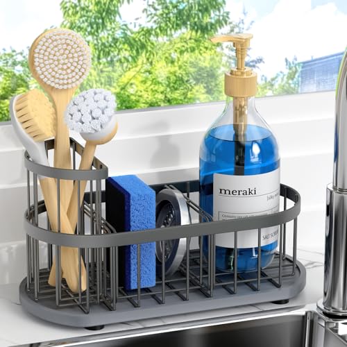 Sink Caddy Kitchen Sink Organizer, Sponge & Brush Holder, Stone Drying Mat | Space-Saving Sink Sponge Holder with Full-Size Tool Storage, Fits Most Sinks, Kitchen Sink Accessory and Countertop Organizer - color: Grey
