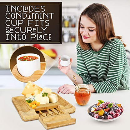 NutriChef Bamboo Natural Cheese Board Set with Bonus Condiment Cup-Extra Large Size 100% Home Organic Wooden Plate and Charcuterie Tray with 4 pcs Cutting Knife Slicer, 13" Square - style: Square