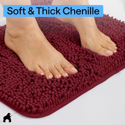 GORILLA GRIP Bathroom Rug Sets 3 Piece, Bath Mat Set and Oval Toilet Base with Rubber Backing, Plush Absorbent Shaggy Chenille Washable Mats, Includes 24x19.5, 24x17 and 30x20 Inch Rugs, Burgundy - color: Burgundy, style: 24"x19.5" + 24"x17" + 30"x20" - 3