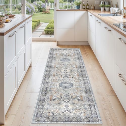 Washable 2x6 Kitchen Runner Rug - Hallway Rugs Low Pile Entryway Carpet Vintage Farmhouse Soft Thin Non-Slip Stain Resistant Indoor Floor Mat Home Decor for Bedroom Laundry Room(Grey/Blue, 2x6) - color: Grey, size: 2' x 6' (Runner)