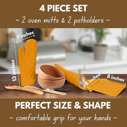 Native Fab 4 Piece Set - 2 Oven Mitts & 2 Potholders, Heat Resistant, 100% Cotton, Quilted Design, Non-Slip Grip, Machine Washable, Ideal for Baking, Cooking, BBQ, Kitchen Protection - Mustard Yellow - color: Mustard Yellow