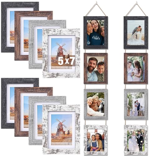 Qunclay 2 Set 5 x 7 Wall Hanging Picture Frames Collage with 8 Openings, Rustic Picture Frames Multiple for Friend Family Wedding Photo, Farmhouse Decor, Wedding Mothers Day Housewarming Birthday Gift - color: Rustic, size: 5 x 7 Inch