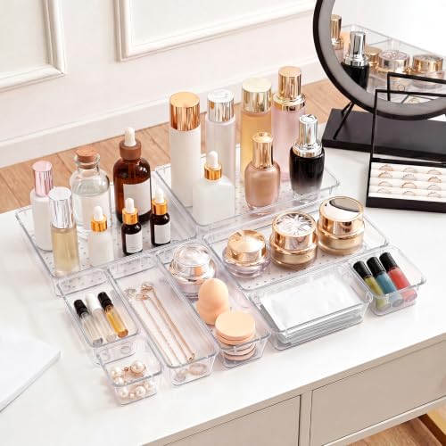 60 Pcs Makeup Drawer Organizer Set, 4 Sizes Versatile Bathroom and Vanity Drawer Organizer for Makeup, Non-Slip Desk Organizer Trays for Bedroom, Office, Fits Jewelry and Office Supplies - size: 60Pack
