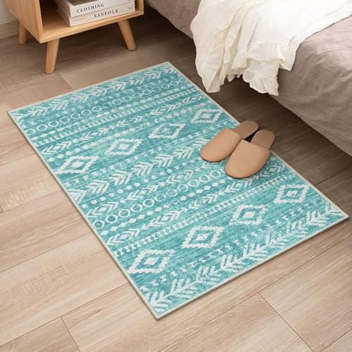 Lahome 2x3 Rustic Geometric Teal/White Area Rug, Machine Washable, Non-Slip Backing, Boho Print Design, Ultra-Thin Soft Indoor Entrance Rug - color: Teal/White, size: 2' x 3'