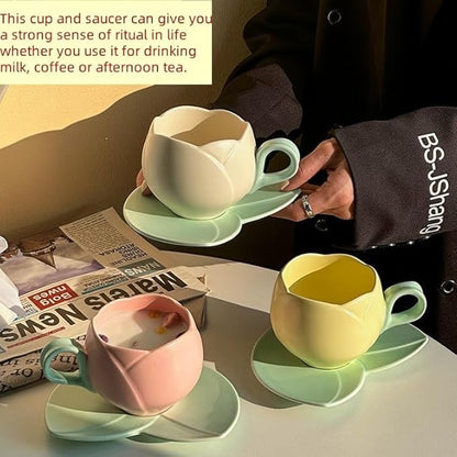 Ceramic Tulip Coffee Mug With Saucer Set, Comfortable Handle Tulip Flower Cup, Smooth Surface Heat-resistant Tea Cup For Office And Home (Yellow) - color: Yellow