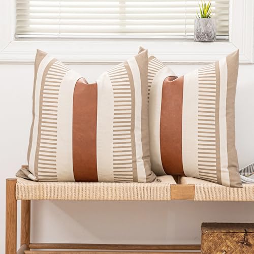 2 Pack 20x20 Inch Pillow Covers - Brown Faux Leather & Tan Stripe Print Soft Canvas Splicing, Same Pattern Both Sides | for Sofa Couch Bed Living Room, Farmhouse Industrial Minimalist Decor - color: Tan and Beige, size: 20" x 20" (Pack of 2)