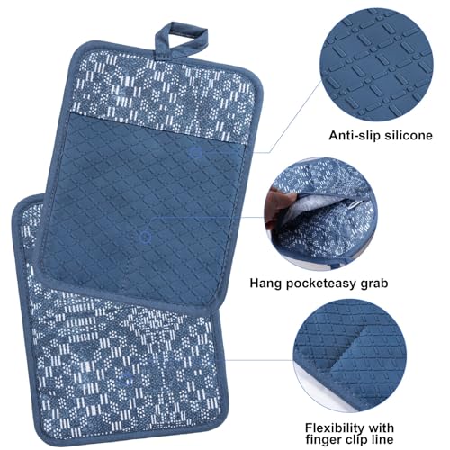 Oven Mitts and Pot Holders with Cooking Apron Set of 5, Heat Resistant Kitchen Gloves and Silicone Non-Slip Potholders (Dusty Blue) - color: Dusty Blue