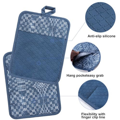 Oven Mitts and Pot Holders with Cooking Apron Set of 5, Heat Resistant Kitchen Gloves and Silicone Non-Slip Potholders (Dusty Blue) - color: Dusty Blue