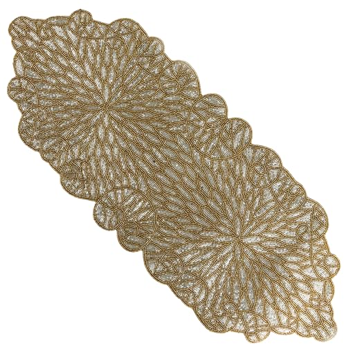 Gold Beaded Table Runner, Metallic, 13x36 | 85% glass beads, 15% polyester backing, handcrafted, shimmering metallic finish, weddings, Christmas, wipe-clean care - color: Silver Golden, size: 36"x13"