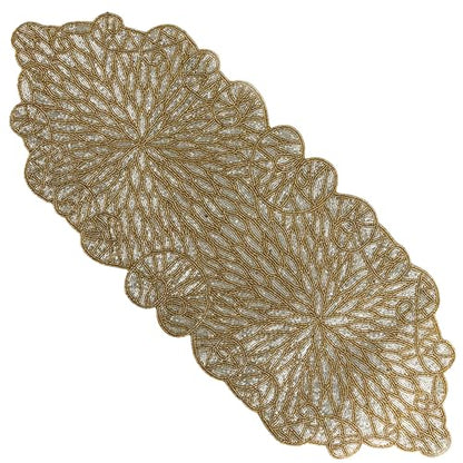 Gold Beaded Table Runner, Metallic, 13x36 | 85% glass beads, 15% polyester backing, handcrafted, shimmering metallic finish, weddings, Christmas, wipe-clean care - color: Silver Golden, size: 36"x13"