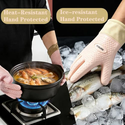 Silicone Oven Gloves with Fingers Heat Resistant 450°F in Kitchen | 1Pair Silicone Oven Mitts, Waterproof, Non-Slip, Extended Cuff Cotton Lined Kitchen Mitts for Baking Cooking Barbecue (Pink) - style: pink