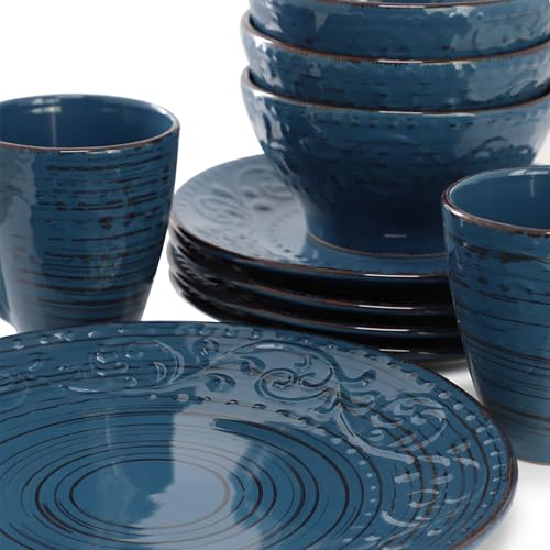 Elama Malibu Deep Ocean 16-Piece Stoneware Embossed Pattern Reactive Glaze Dark Blue Dinnerware Set, Tableware, Serveware Set (Deep Ocean Blue) - color: Deep Ocean Blue