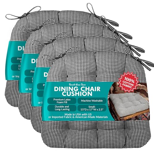 Barnett Home Decor Chair Cushions for Dining Chairs - 15x17 Kitchen Chair Cushions - Machine Washable, 100% Cotton, Made in USA - Latex Foam Comfort Chair Pads - Madrid Black Gingham Small Pack of 4 - color: Madrid Black Gingham, size: Small (15"D x 17"W