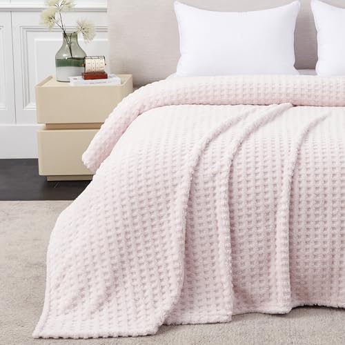 Soft Cozy Fuzzy Fleece Queen Size Blanket, Waffle Light Pink, 90x90 Inches – Lightweight, Fluffy, and Warm 3D Jacquard All-Season Blanket for Bed, Couch, Sofa, Camping, and Travel - color: Waffle Light Pink, size: Queen (90" x 90")